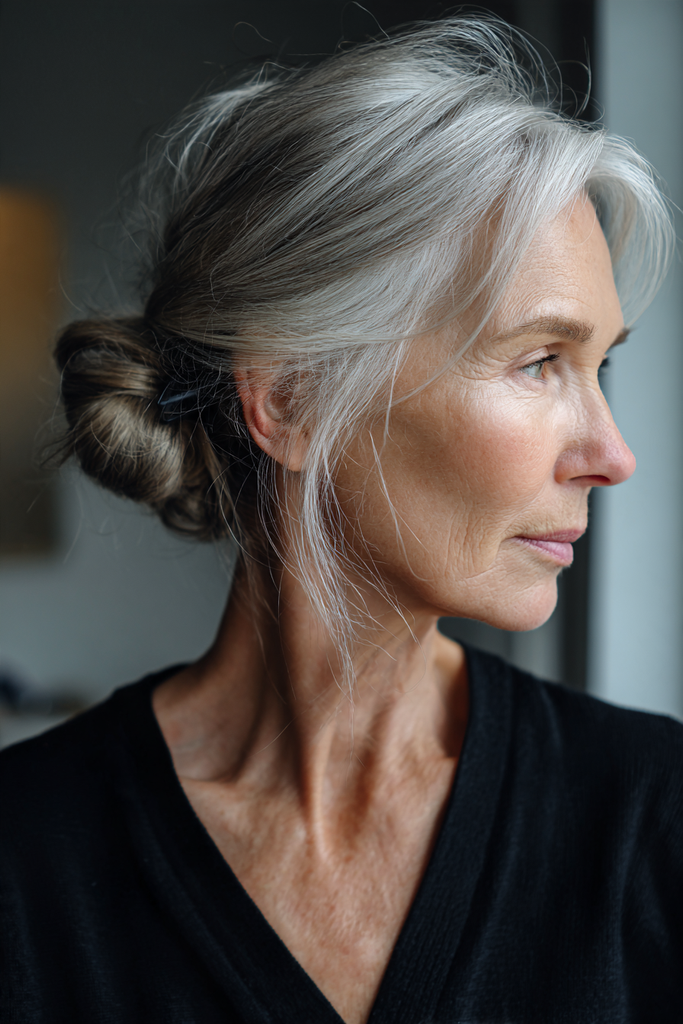 Side view of a woman with silver gray hair styled in a twisted low bun with a small dark clip, a long side swept fringe and wispy strands near the ear.