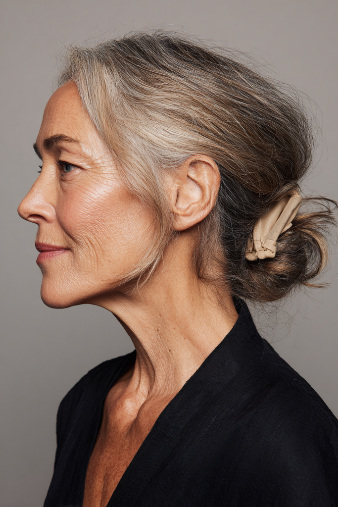 Side view of a woman with silver, taupe and brown hair styled in a tousled low bun with a beige fabric scrunchie and soft wispy strands around the crown.