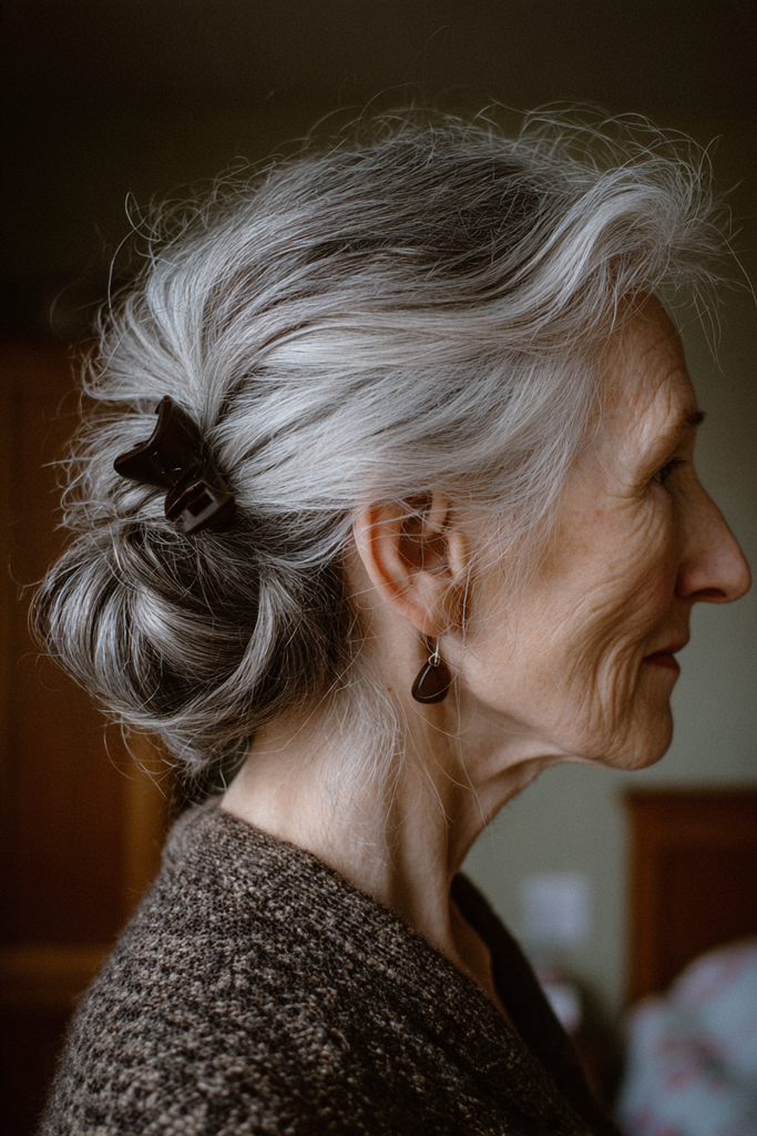 Side view of a woman with silver gray hair styled in a loose low bun with a small dark claw clip, feathery volume at the crown and a small brown drop earring.