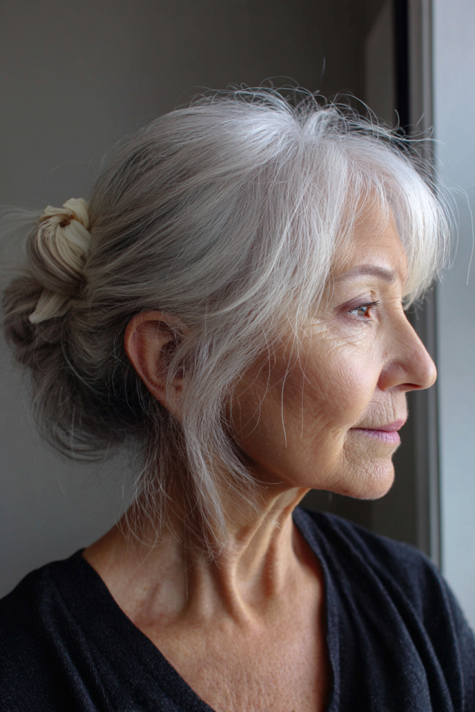 Side view of a woman with silver gray hair styled in a soft low bun with a cream fabric scrunchie, wispy bangs and loose strands near the ear.