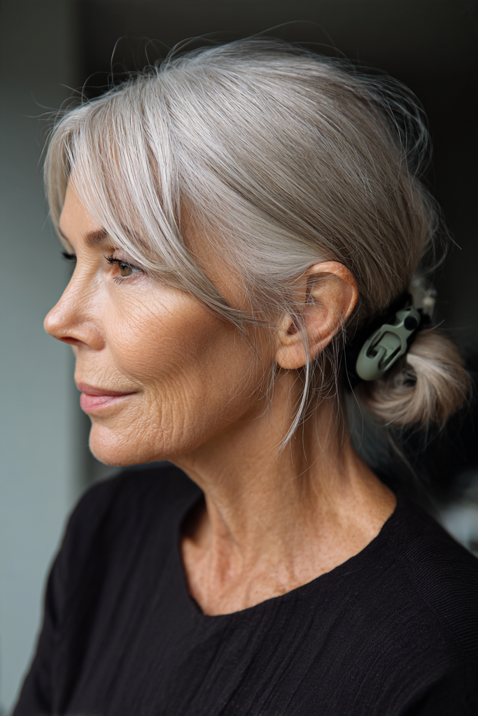 Side view of a woman with sleek silver gray hair styled in a low bun with a sage green claw clip, long side swept bangs and wispy strands near the ear.