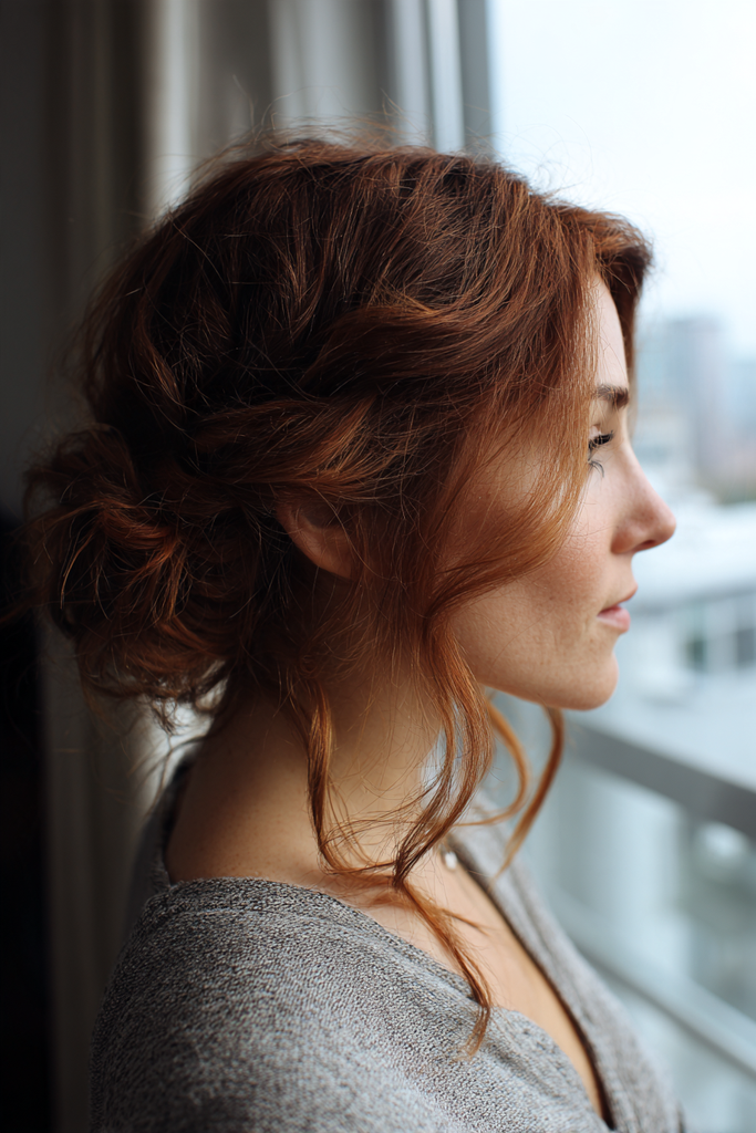 Side view of a woman with copper auburn hair styled in a loose low French twist with soft waves and long curling strands framing her face and neck.