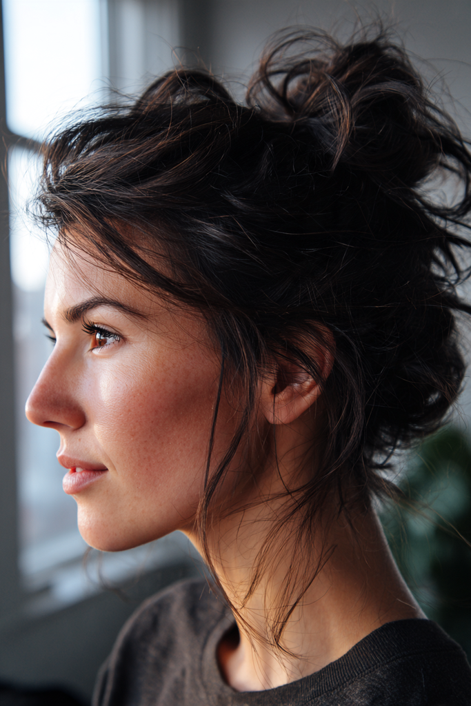 Side view of a woman with dark espresso brown hair styled in a tousled high French twist with a loose messy knot and wispy strands around her ear and neck.