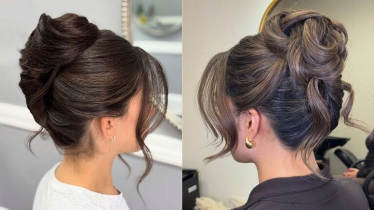21 Easy French Twist Hairstyles for Women Side-by-side comparison showing a classic, voluminous dark brown French twist updo with sweeping face-framing strands on the left and a textured, highlighted brunette French twist updo with loose, wavy tendrils on the right.