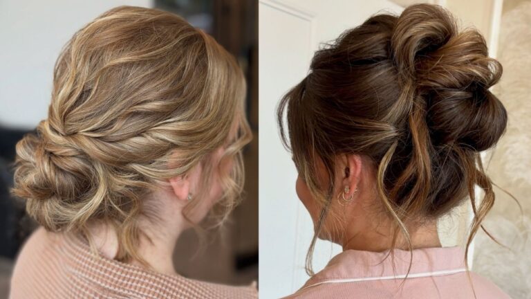 Side-by-side comparison showing a textured blonde low chignon with swept-back layers on the left and a highlighted brunette French twist updo with voluminous, loose curls on the right.