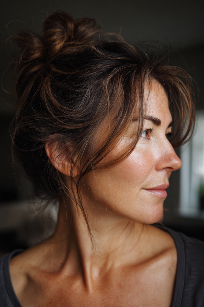 A woman with brown hair styled in a high messy bun with loose face framing tendrils, shown in a side profile.
