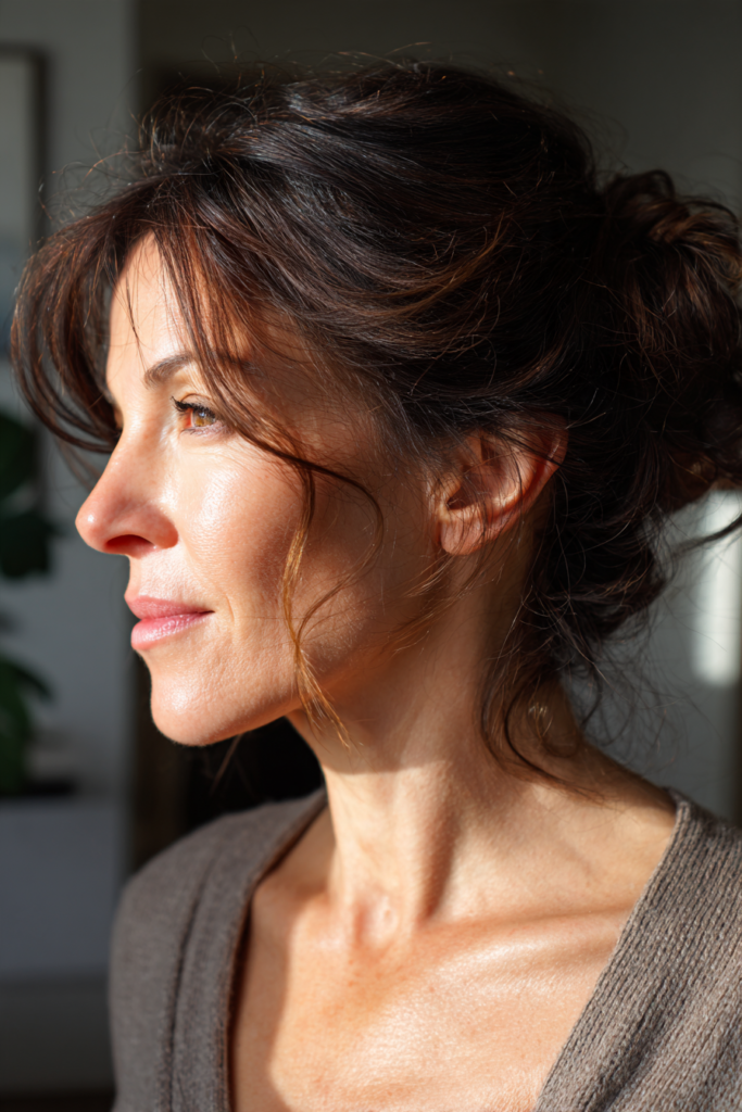 A woman with dark brown hair in a soft low chignon with wavy curtain bangs and face framing tendrils, shown in side profile.