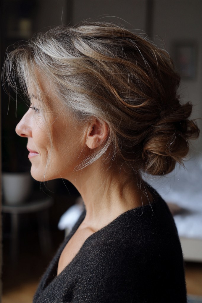 A woman with natural silver and brown hair in a relaxed low bun with soft face framing strands, shown in profile.