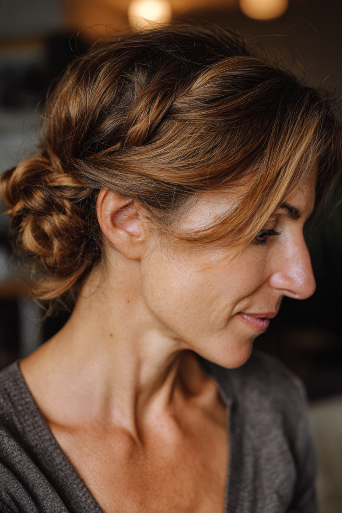  A woman with warm chestnut brown hair styled into a crown braid with a low bun and side sweeping bangs, shown in profile view.
