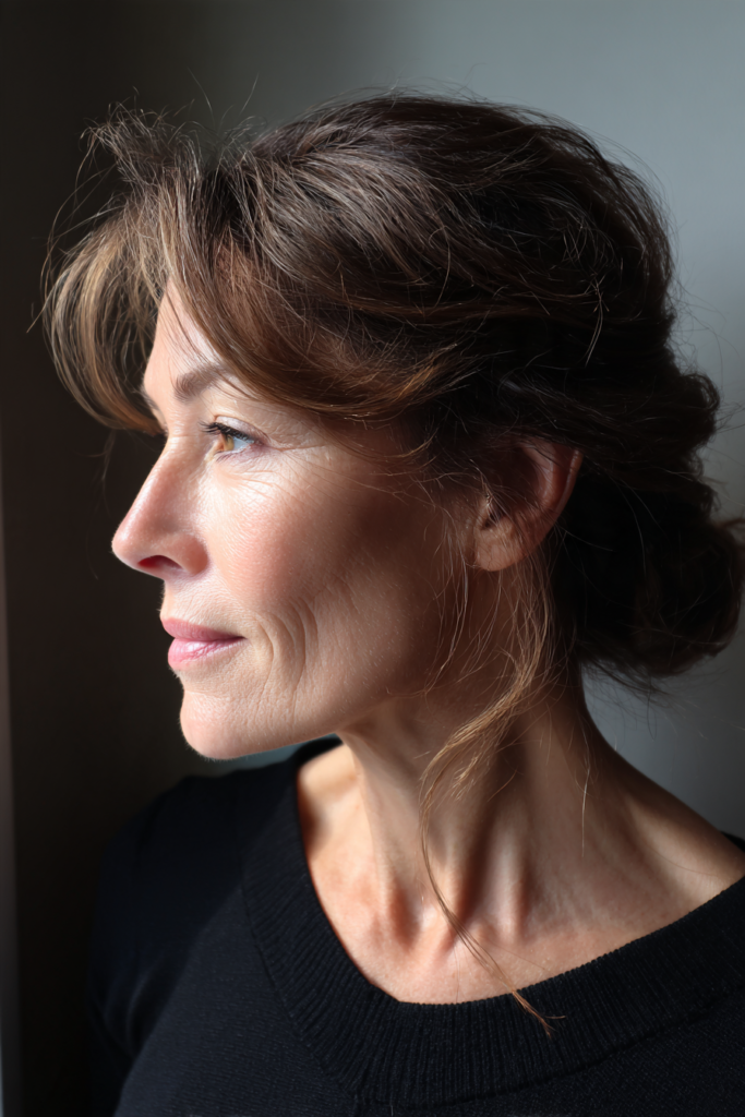 A woman with dark chestnut brown hair styled into a soft low updo with wispy bangs and wavy side tendrils, shown in side profile.