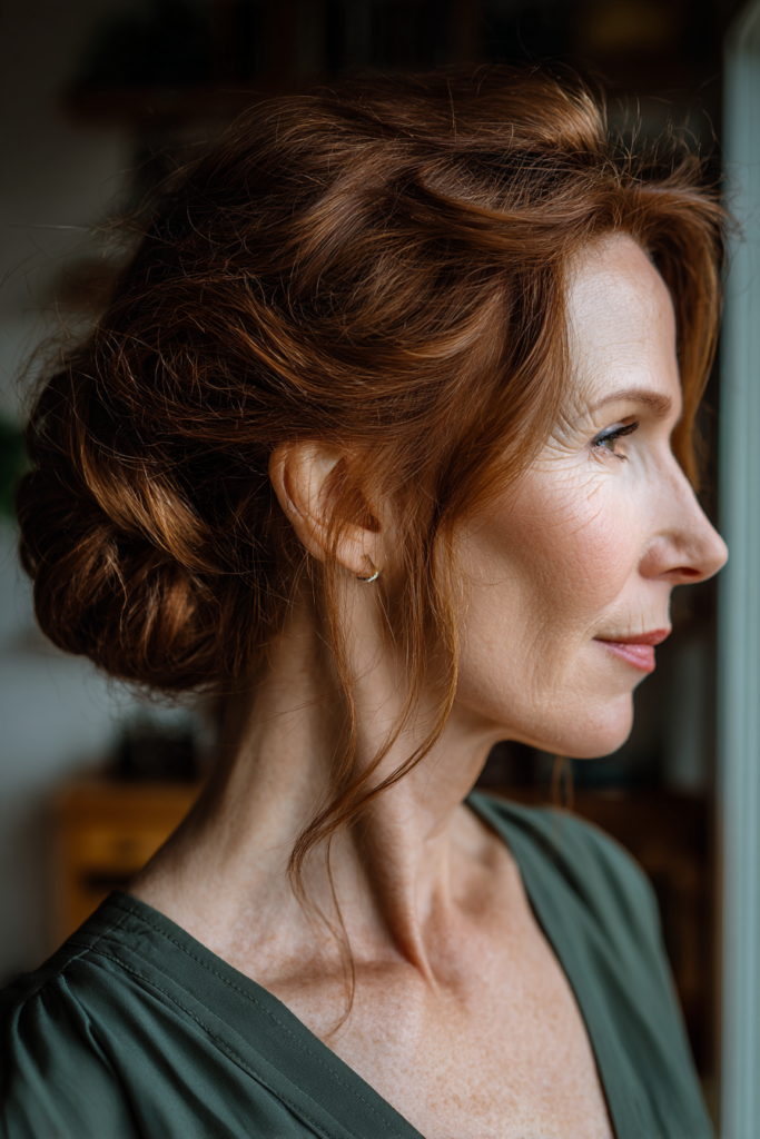 A woman with rich auburn hair styled into a textured low bun with soft face framing tendrils, shown in side profile wearing a green top.