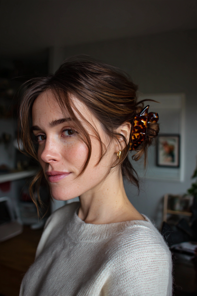 A woman with brunette hair and caramel highlights wears a loose updo with face framing pieces secured by a tortoiseshell claw clip.
