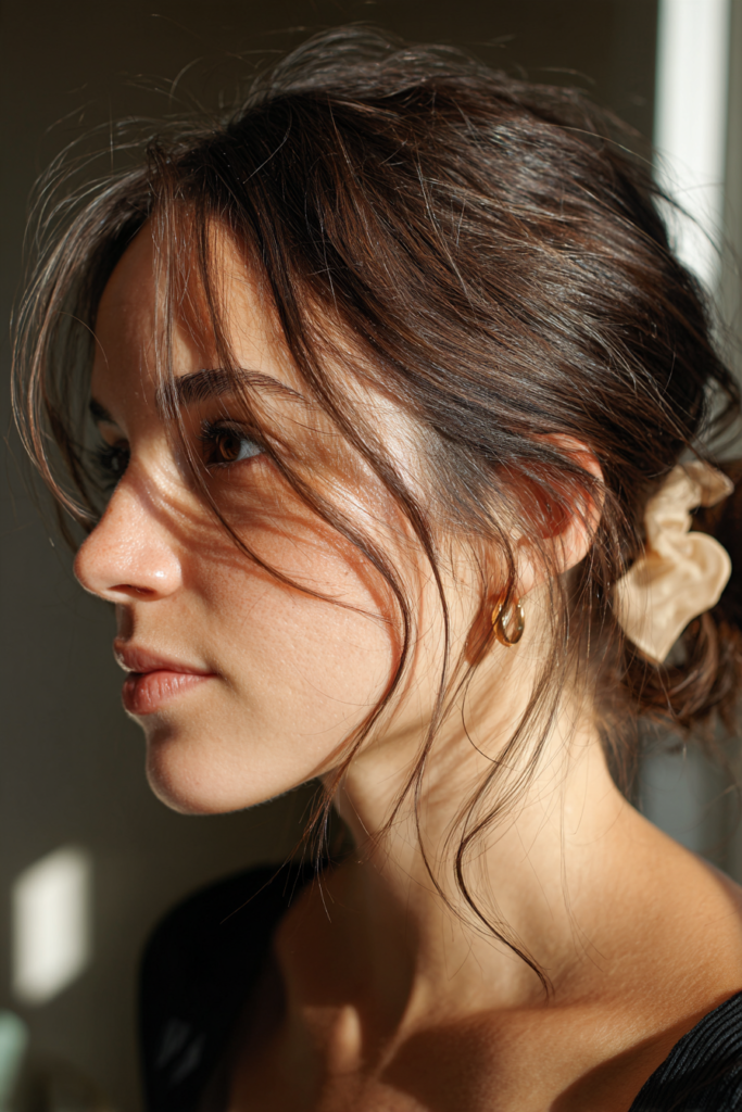 A woman with brunette hair and caramel highlights wears a loose low bun with wispy face framing pieces secured by a champagne colored scrunchie.