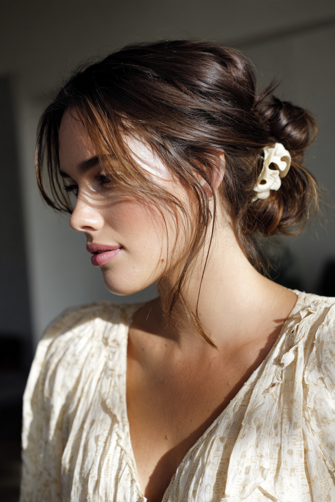 A woman with brunette hair and caramel highlights wears a loose twisted bun secured with a carved ivory scrunchie.