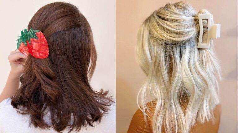 21 Smart Claw Clip Hairstyles for Women With Medium Hair Side-by-side comparison showing a half-up brown lob secured with a red strawberry claw clip on the left and a wavy blonde half-up hairstyle secured with a cream rectangular claw clip on the right.