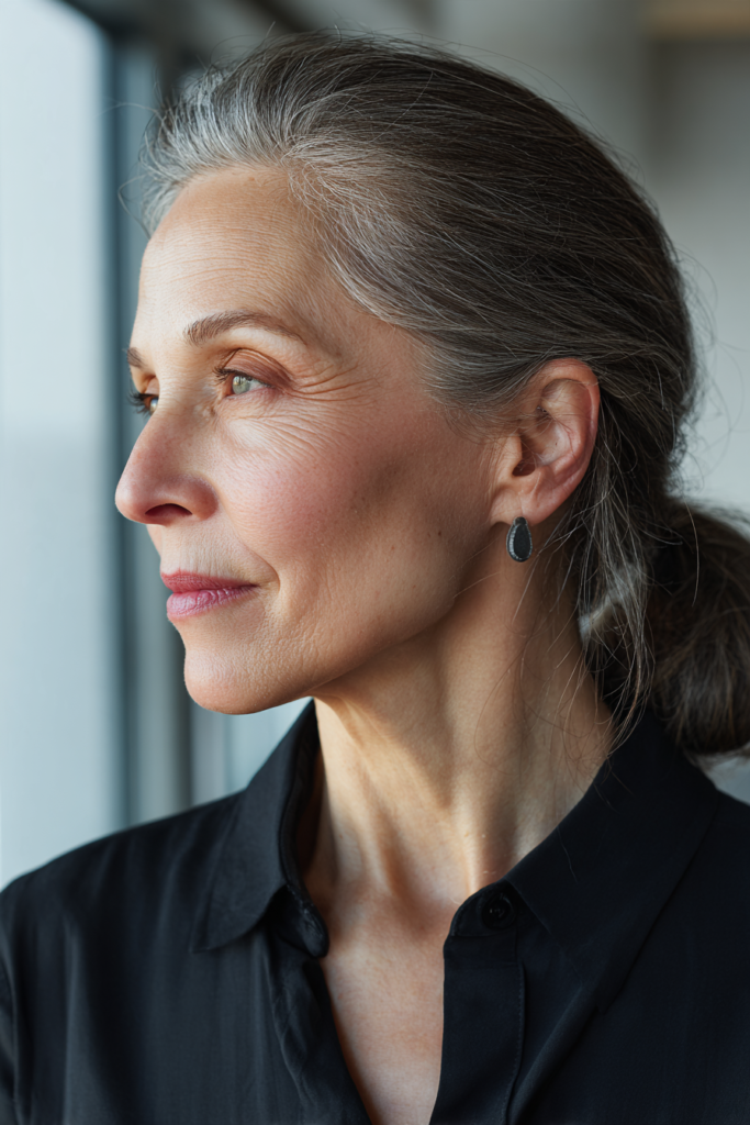  A woman with a sleek low ponytail featuring grey and silver tones looks off to the side by a window.