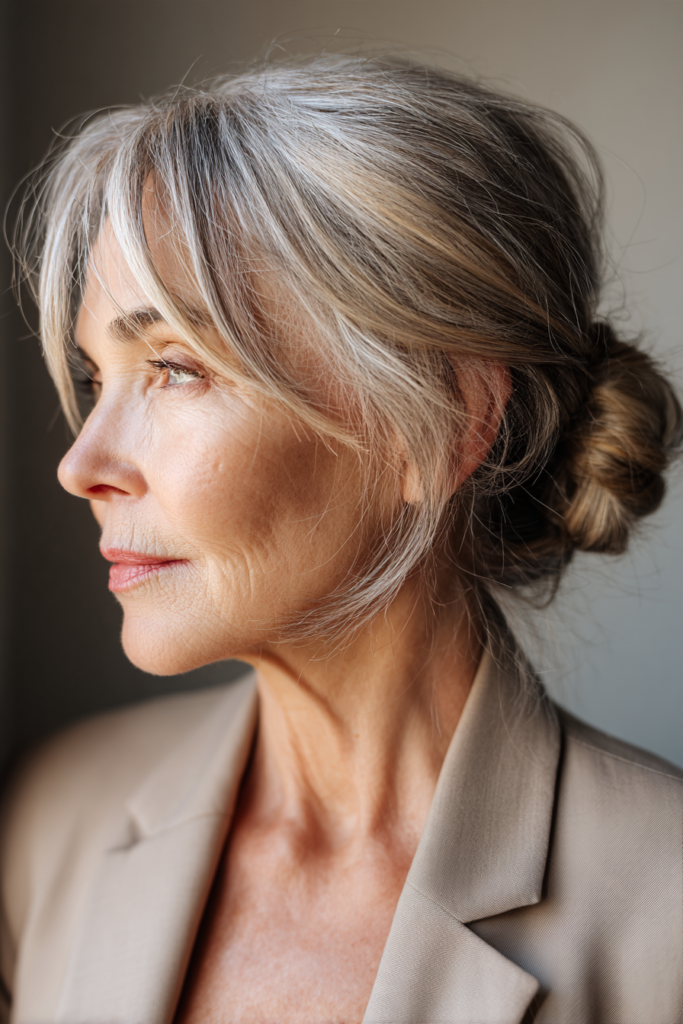  A woman with a low loose bun and face framing grey and blonde strands wears a beige blazer.