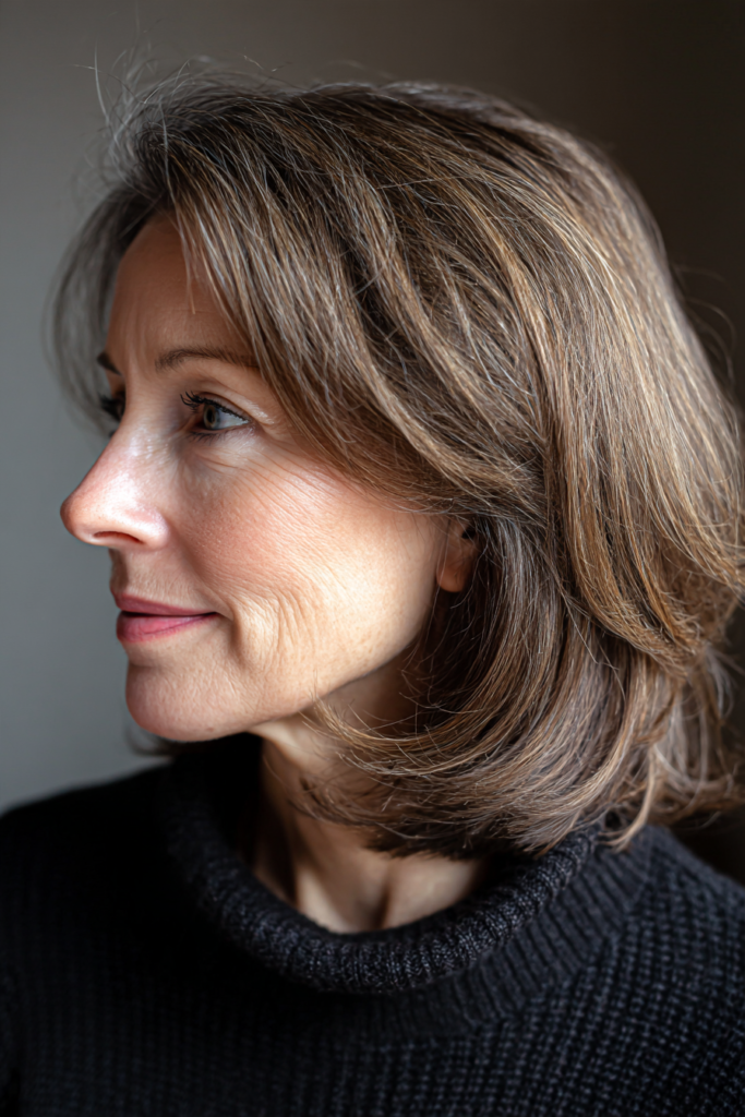 A woman with a shoulder length caramel and brown bob with swept back layers looks off to the side.