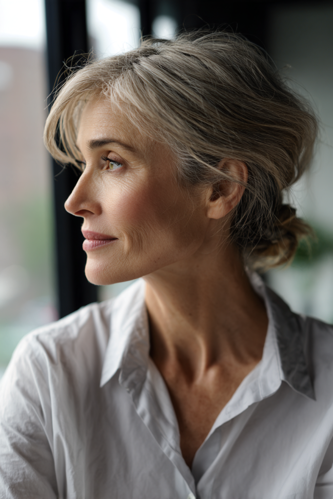 A woman with a tousled updo featuring ash blonde and grey tones and a side fringe looks off to the side.