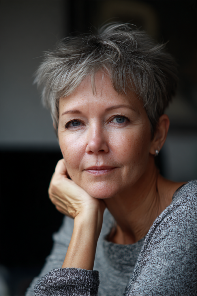 A woman with a short piecey grey pixie cut and soft fringe rests her chin on her hand.