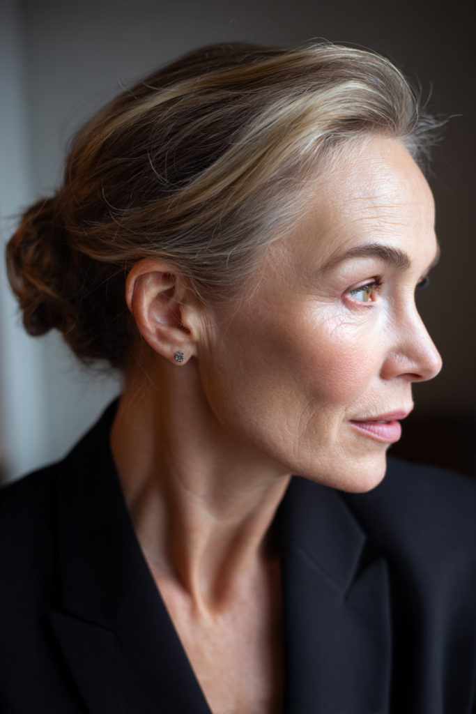 A woman with a sleek swept back chignon featuring caramel and blonde highlights wears a black blazer.
