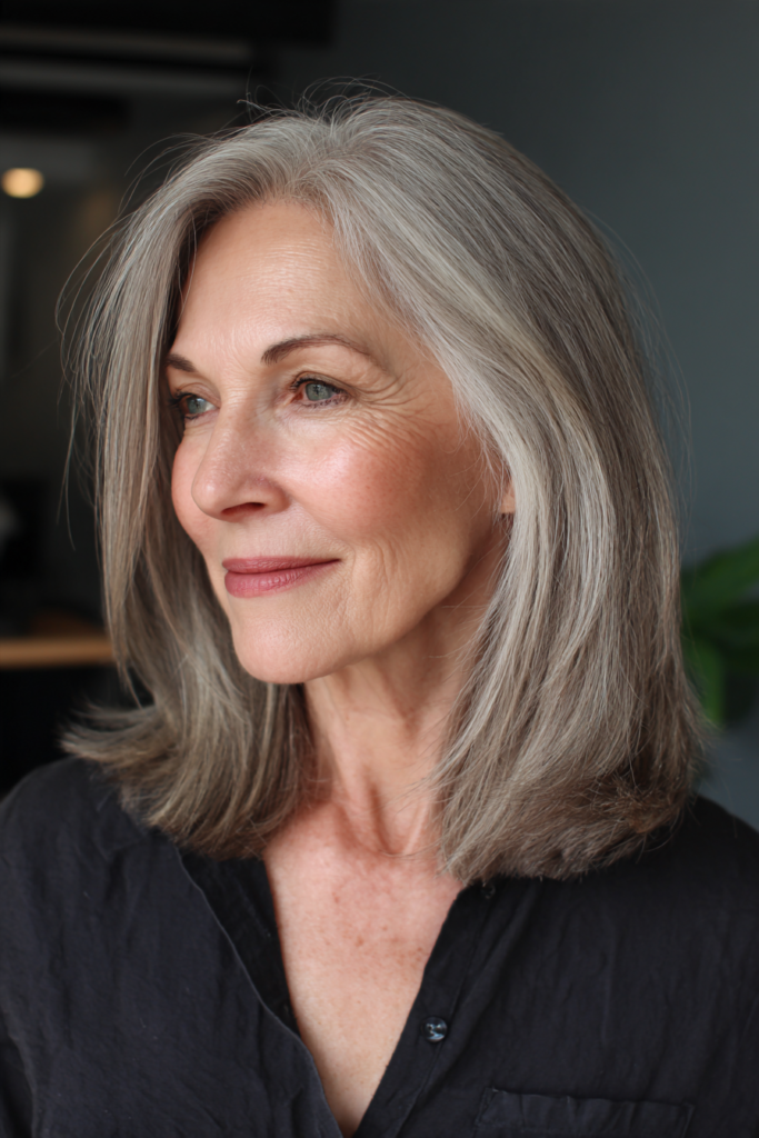 A woman with a long straight silver bob and a center part smiles softly while looking to the side.