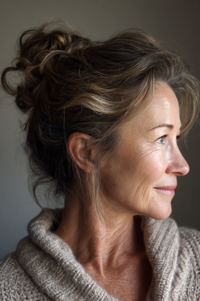 A smiling woman with a messy curly top knot and caramel highlights wears a knit sweater.