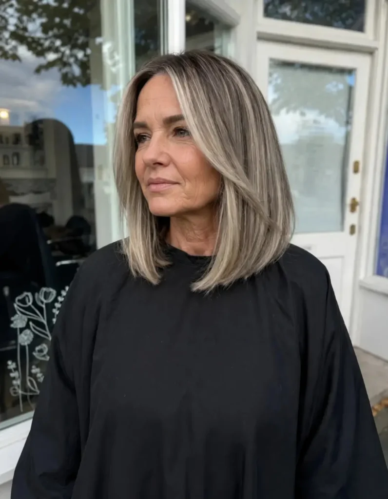 A woman with a long bob featuring ashy brunette hair and blonde money piece highlights looks off to the side.