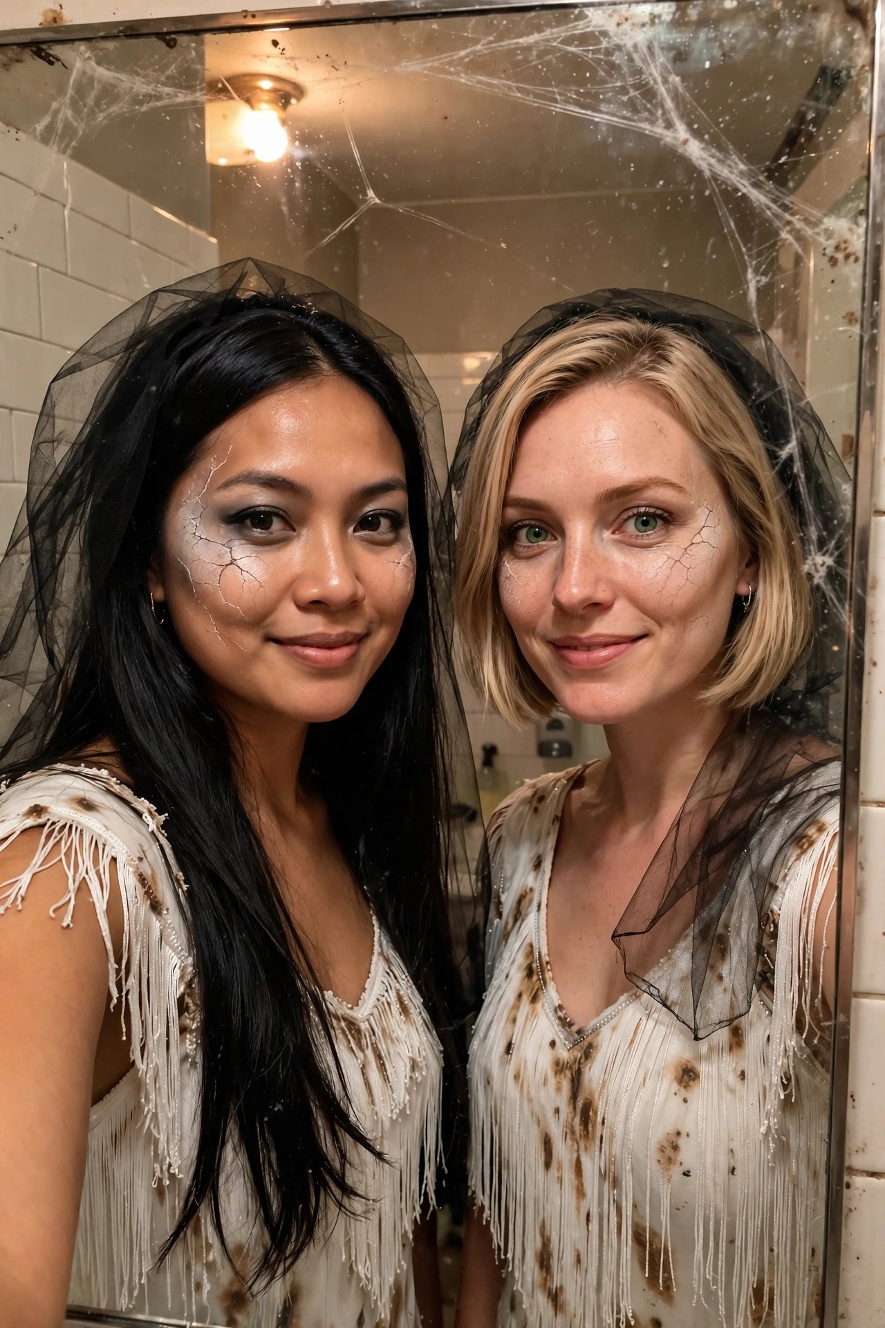 Two women wearing matching off white fringed dresses with brown stains and black sheer veils while showing cracked porcelain face paint.