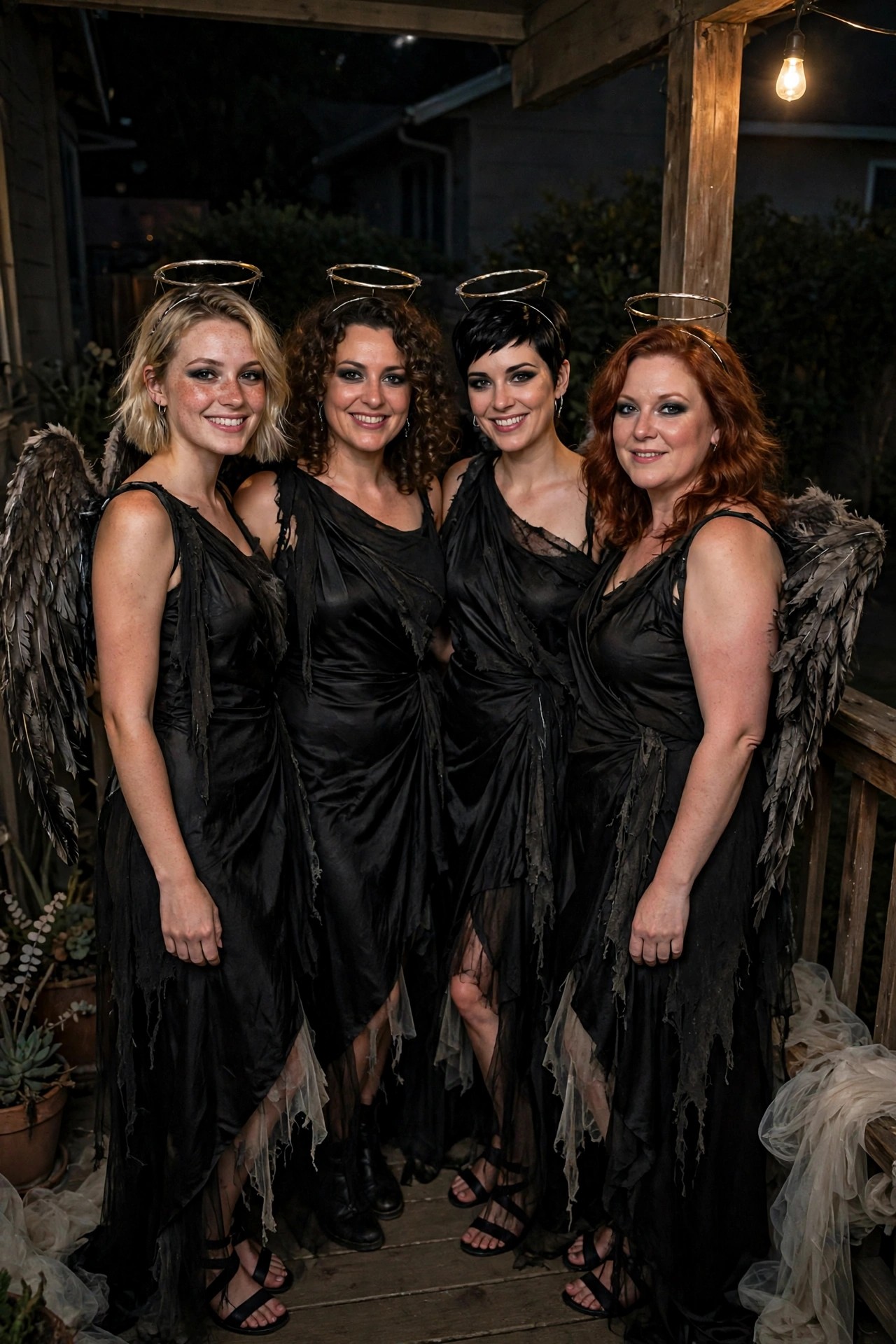 Four women wearing matching black tattered angel costumes with large feathered wings and thin halo headbands.