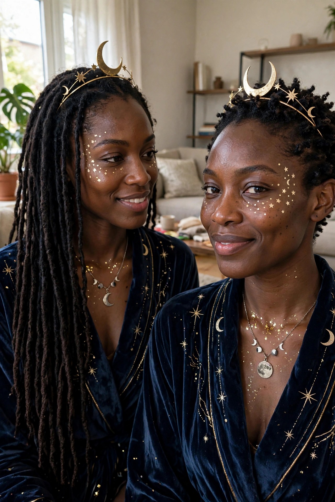 Two women in matching navy velvet robes with gold celestial embroidery, crescent moon headbands, moon phase necklaces, and gold star and moon face accents.
