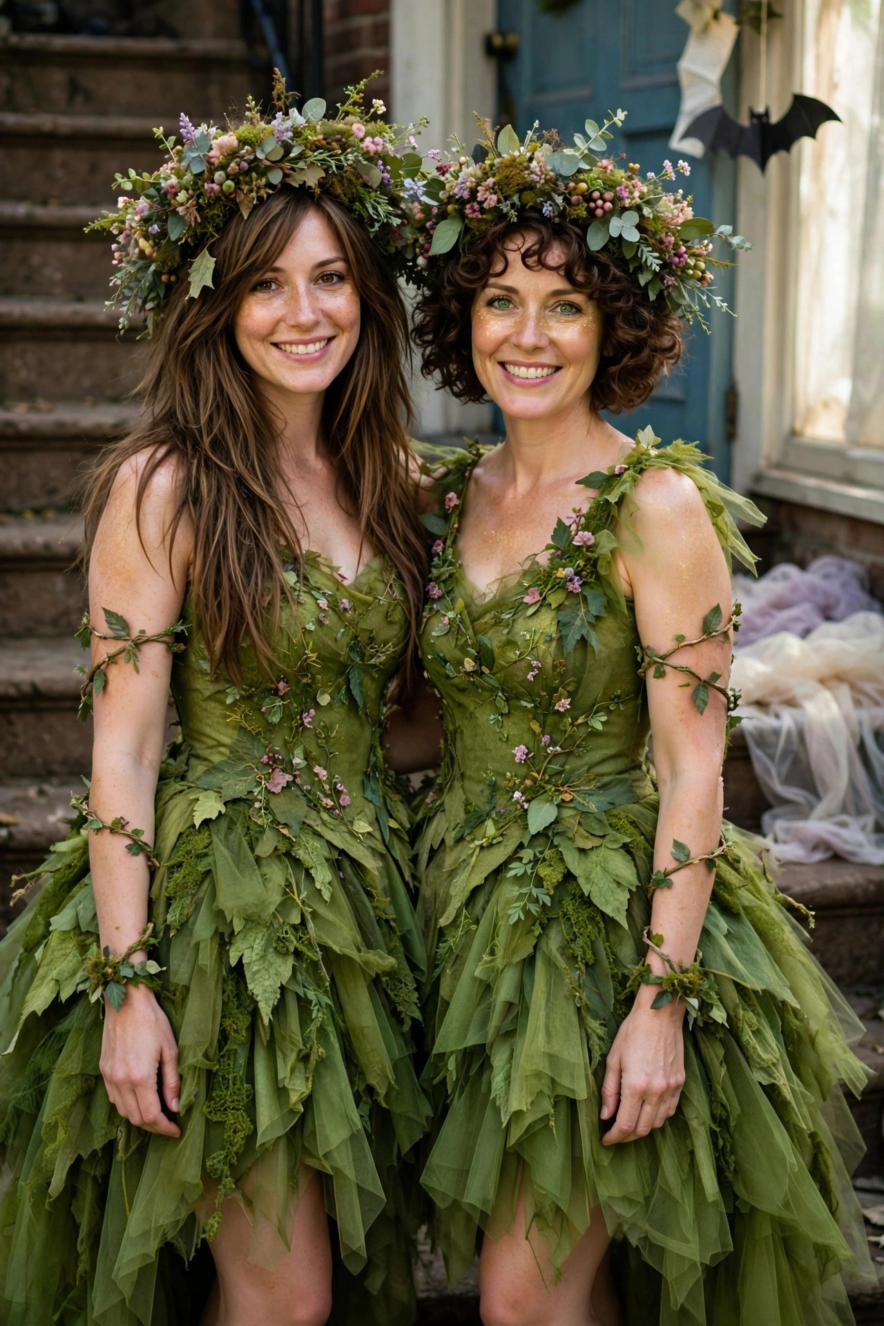 Two women wearing matching green leaf and tulle dresses with large floral crowns and vine arm accessories.