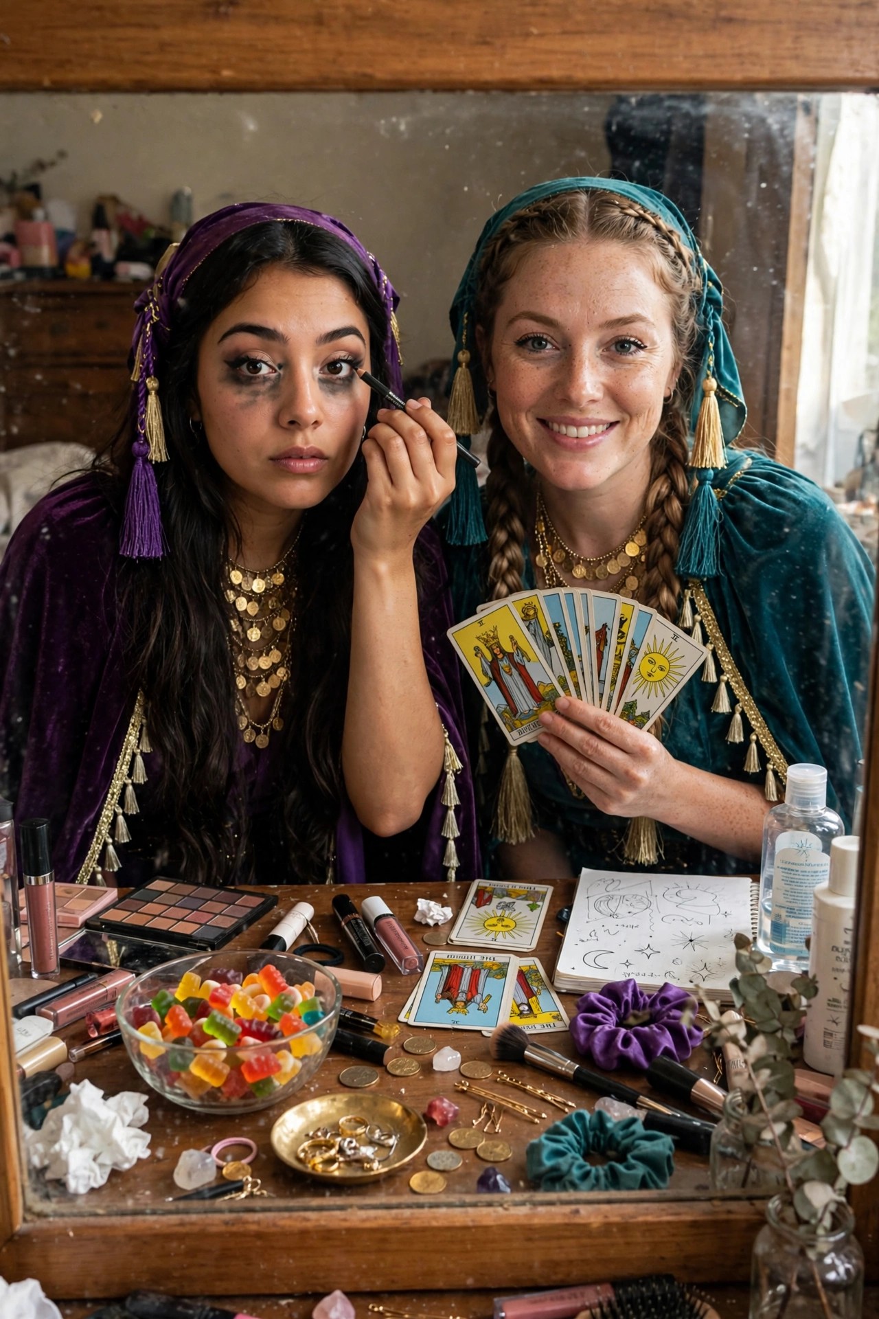 Two women in matching purple and teal velvet fortune teller robes with gold tassels and coin necklaces, holding and displaying tarot cards on a cluttered vanity table.