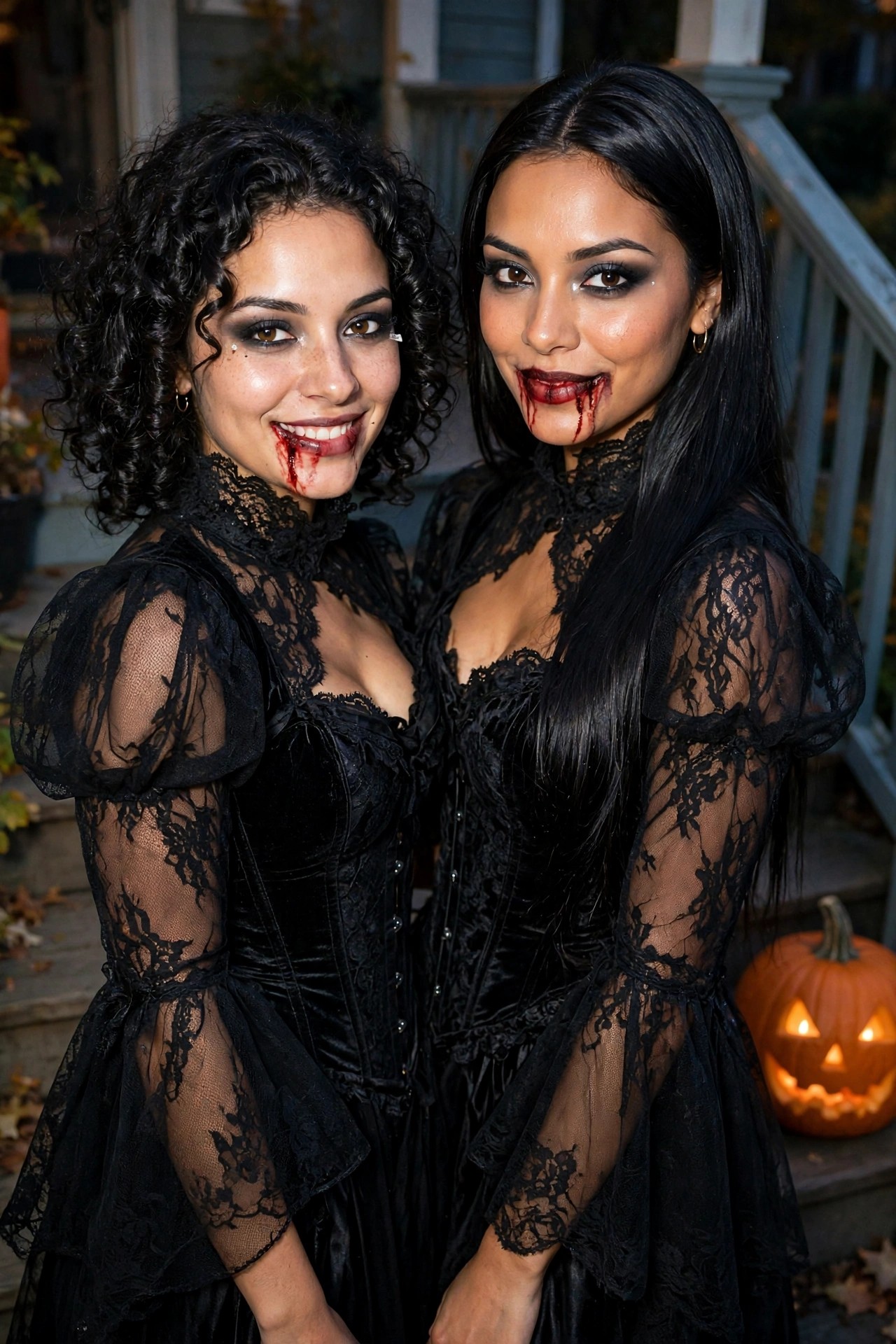 Two women in identical black lace and velvet gothic dresses with vampire blood makeup at the mouth standing together on a porch beside a lit jack o lantern.