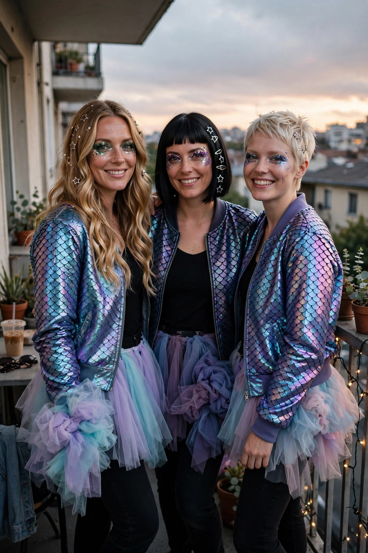 Three women wearing matching iridescent scale print bomber jackets and layered pastel tulle skirts with star face stickers for a coordinated mermaid group costume.