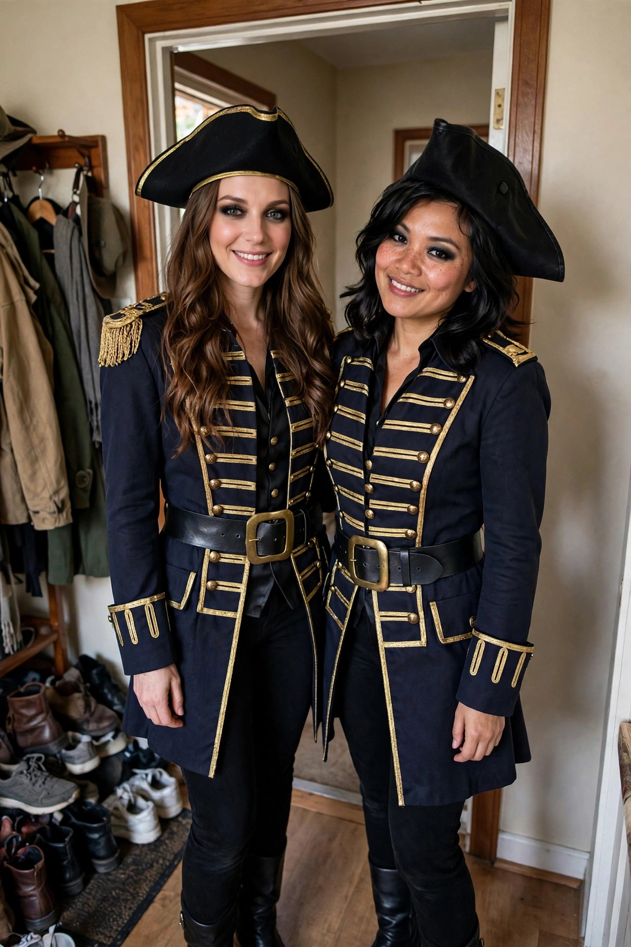 Two women wearing matching navy blue pirate jackets with gold trim, black tricorn hats, black belts, and black boots.