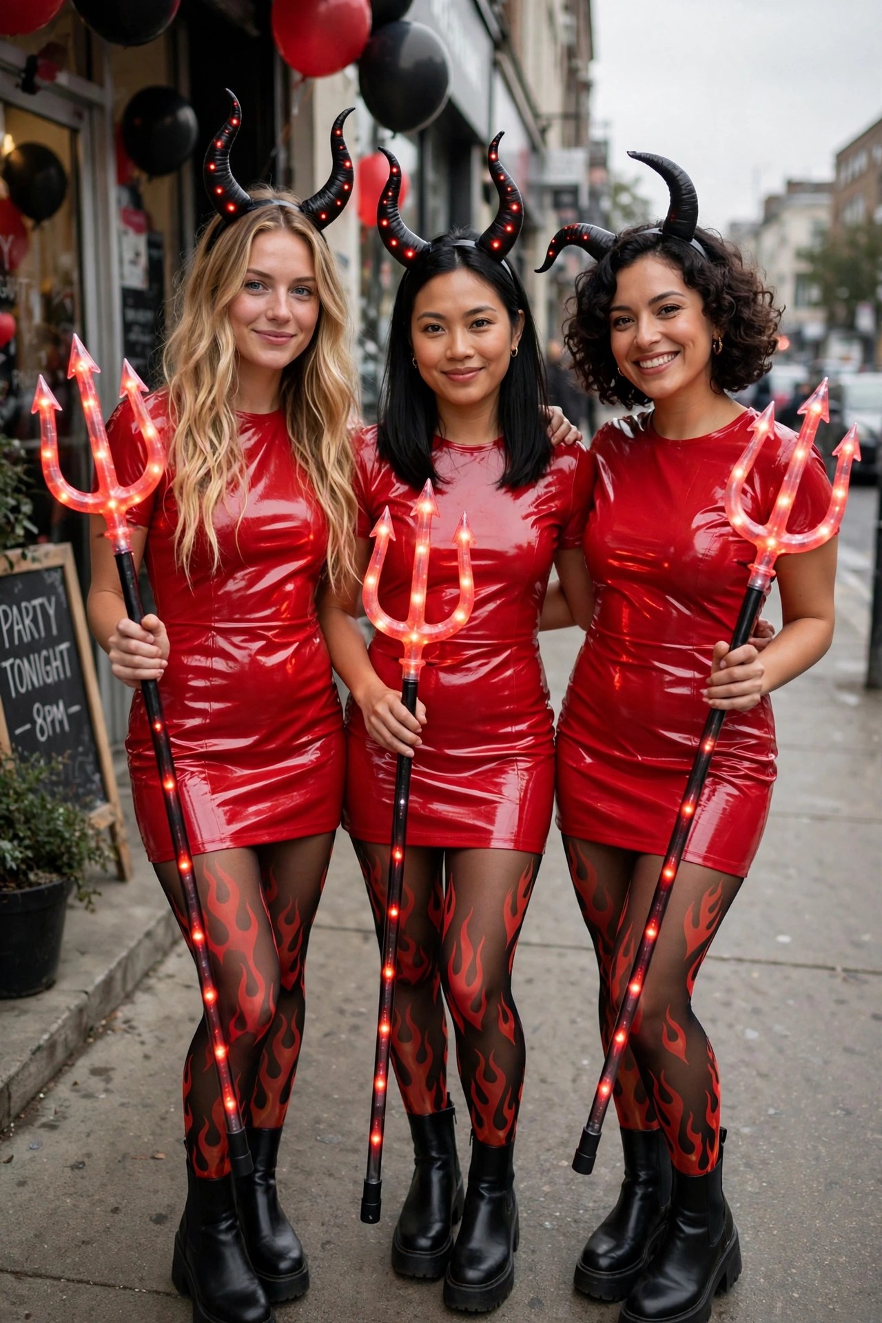 Three women wearing matching shiny red devil costumes with glowing horn headbands, flame tights, and lit tridents.