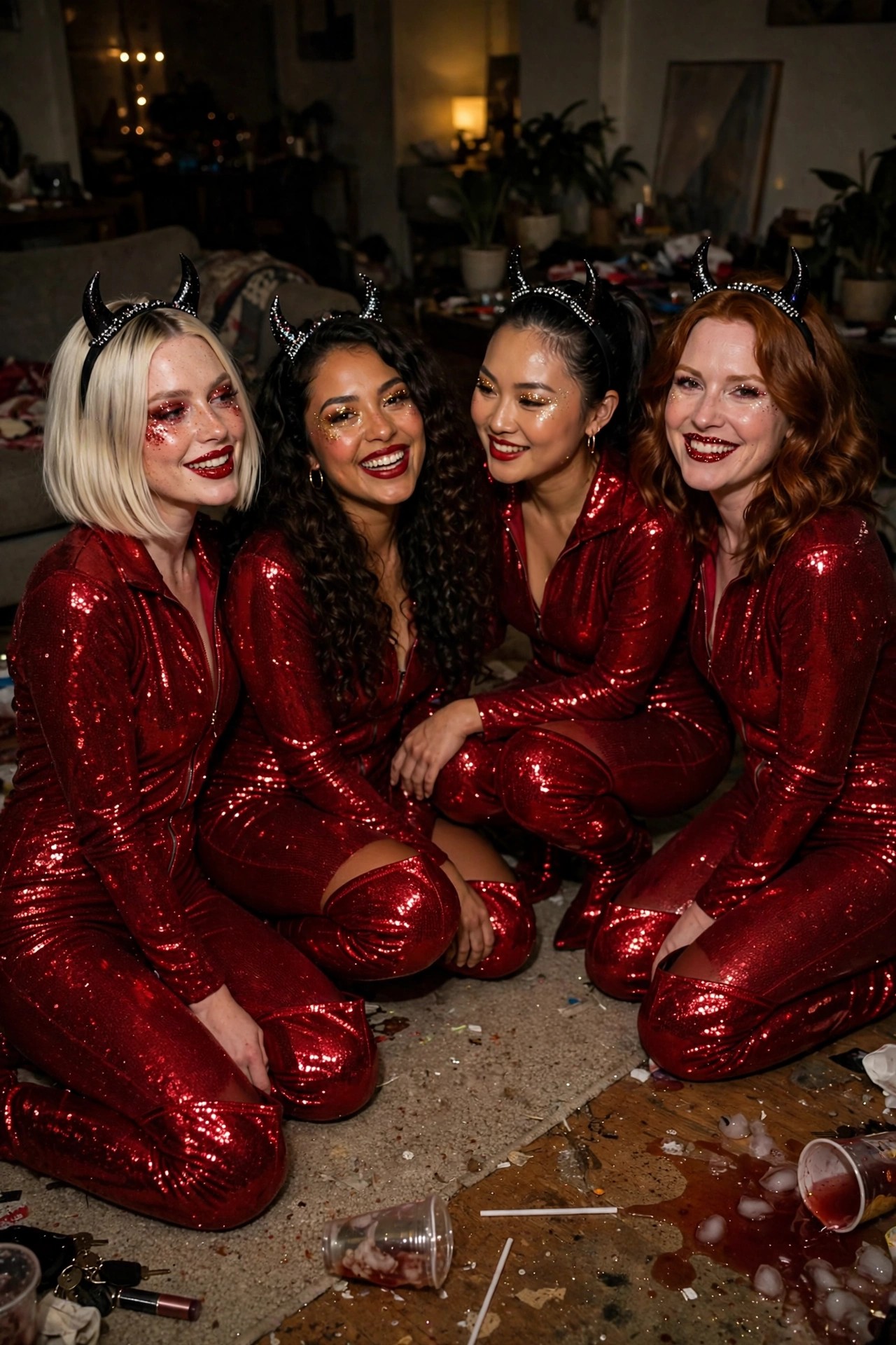 Four women wearing identical red sequin jumpsuits and black devil horn headbands posing together on a messy floor.
