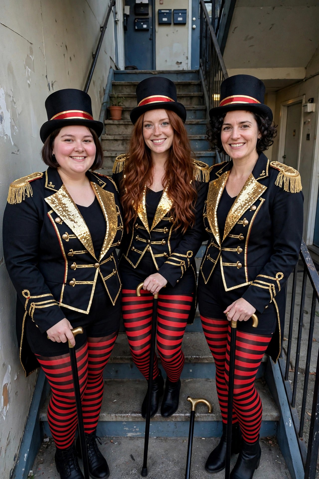 Three women wearing matching black ringmaster jackets with gold sequin details, red and black striped tights, black top hats, and holding canes.