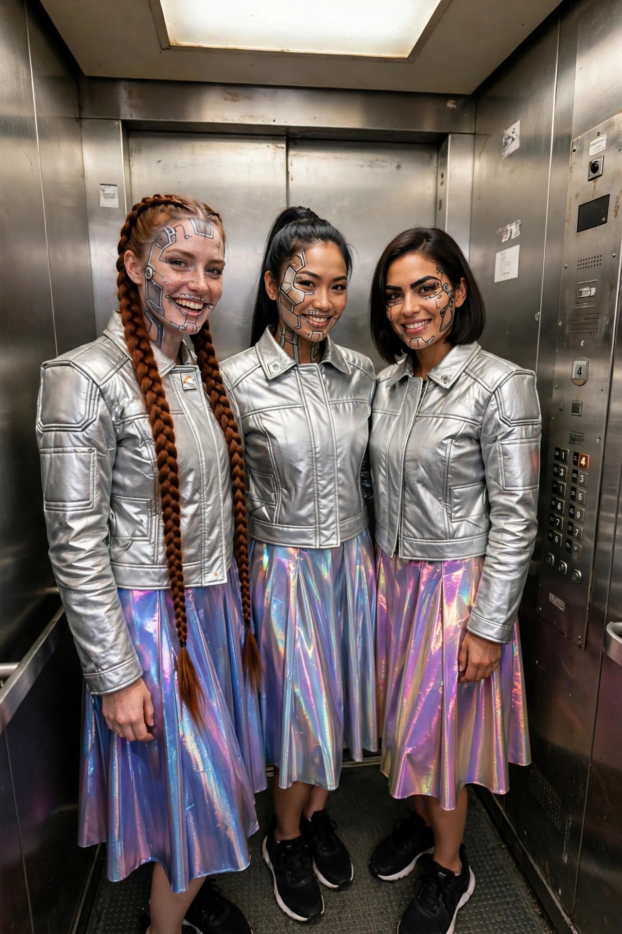 Three women in matching silver jackets and iridescent skirts with robot face paint designs on their faces.