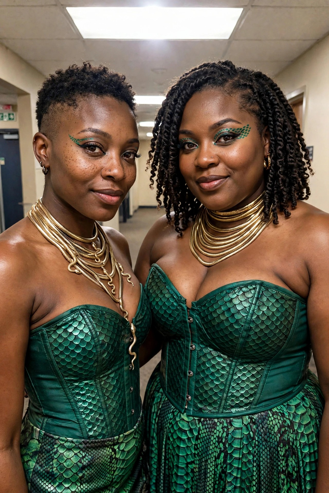 Two women wearing matching green scale patterned corset tops and skirts with gold snake necklaces and green scale eye makeup.