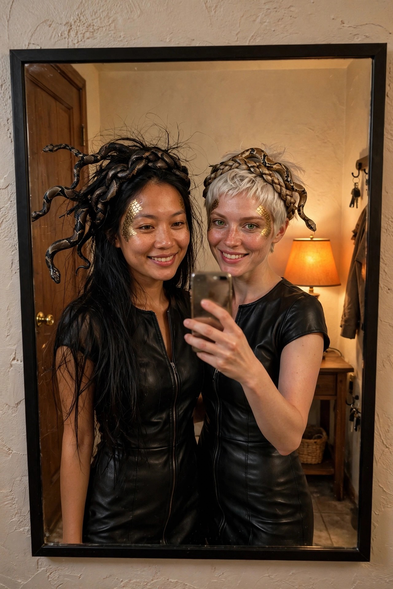 Two women in matching black dresses wearing braided snake headpieces and gold scale eye makeup for a serpent themed Halloween costume.