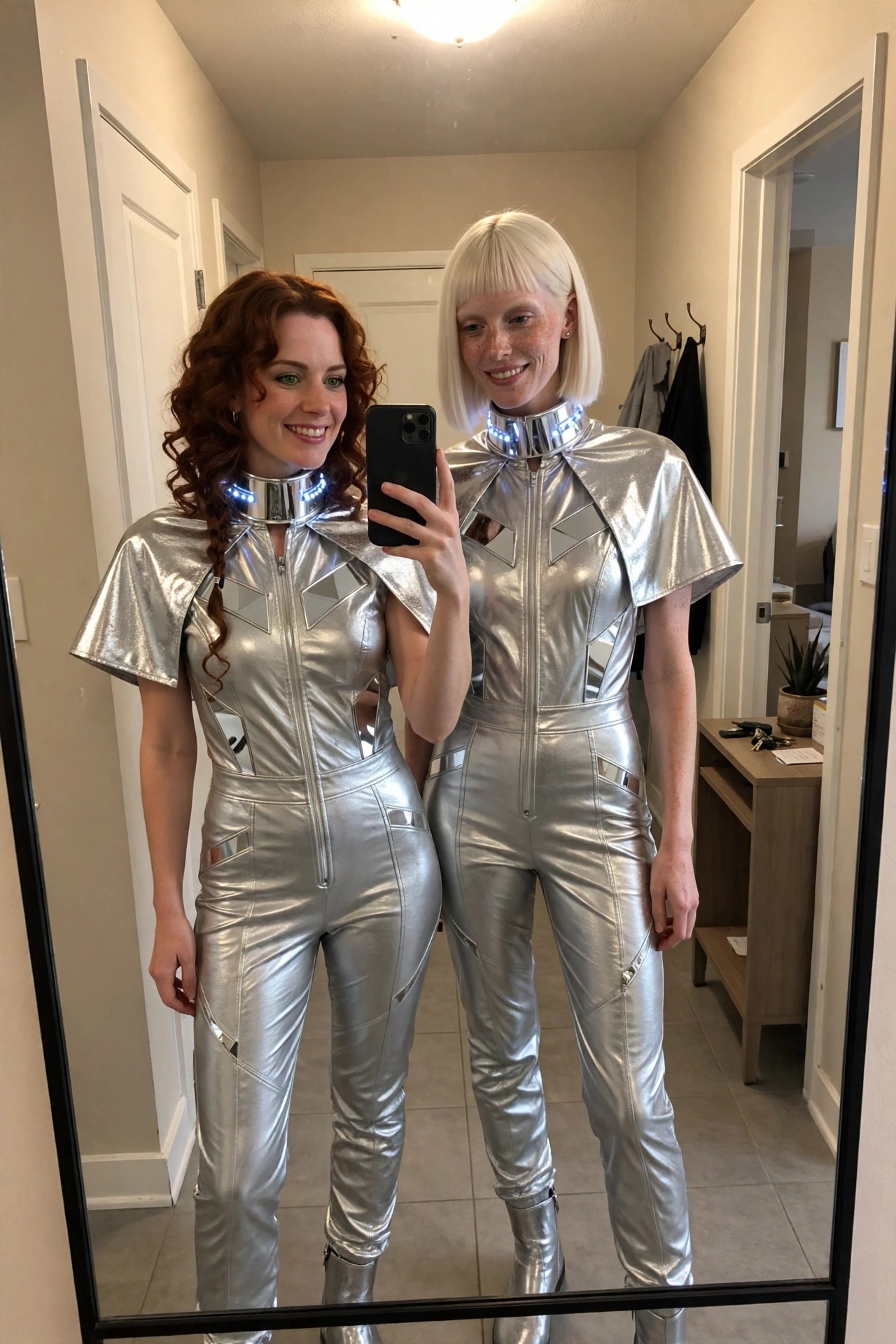 Two women in matching shiny silver futuristic jumpsuits with glowing blue LED collars, short capes, and silver boots taking a mirror selfie.