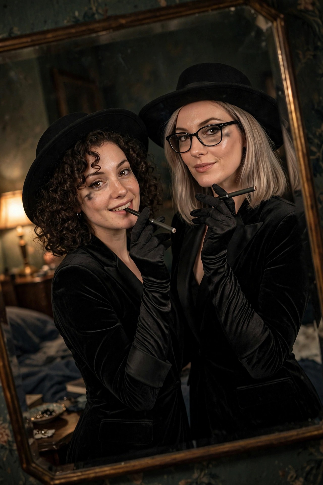 Two women in matching black velvet blazers, bowler hats, and long black gloves pose together with smudged eye makeup and cigarettes as a coordinated gangster costume.