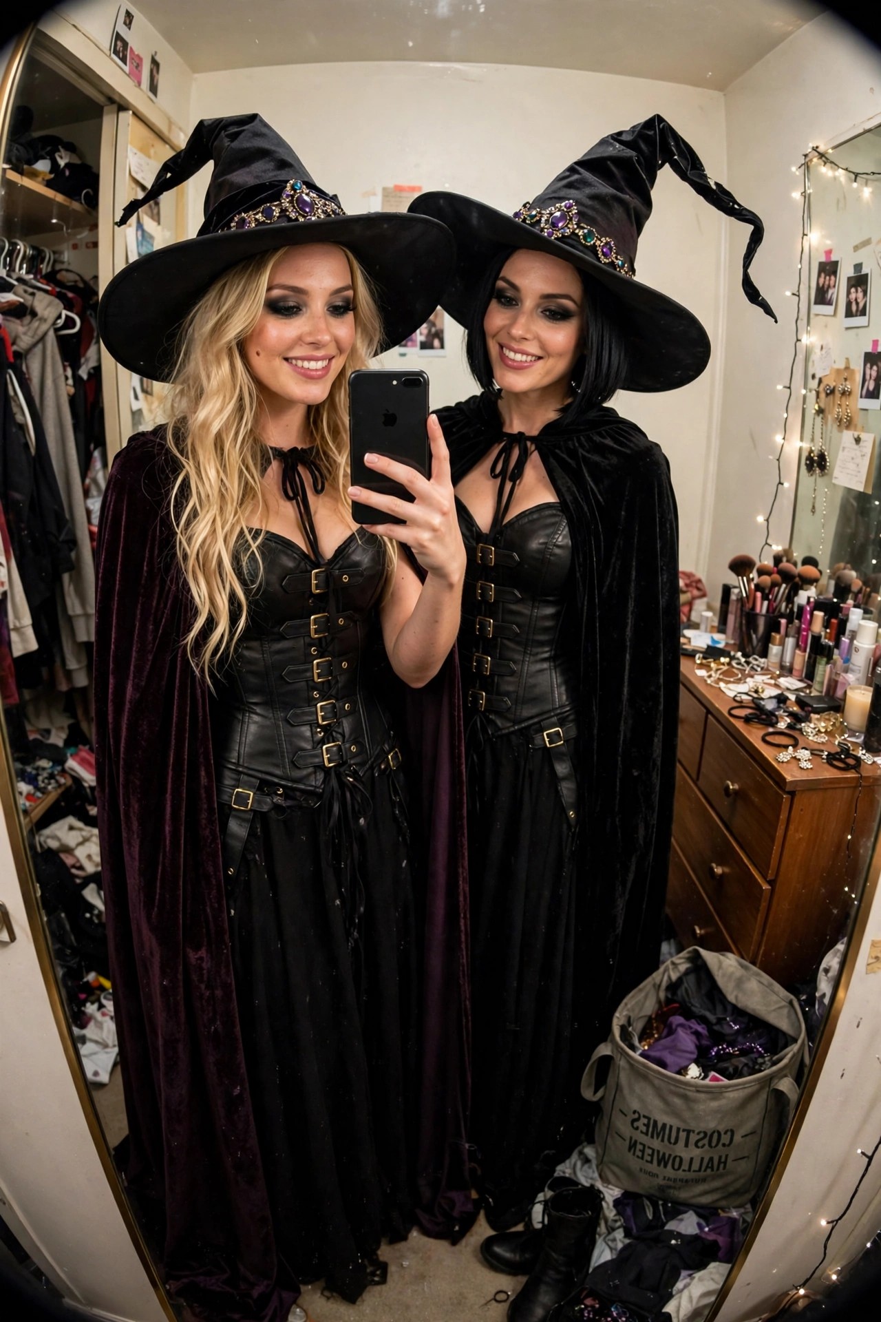 Two women in matching black witch costumes with corsets, capes, and jeweled hats taking a mirror selfie.