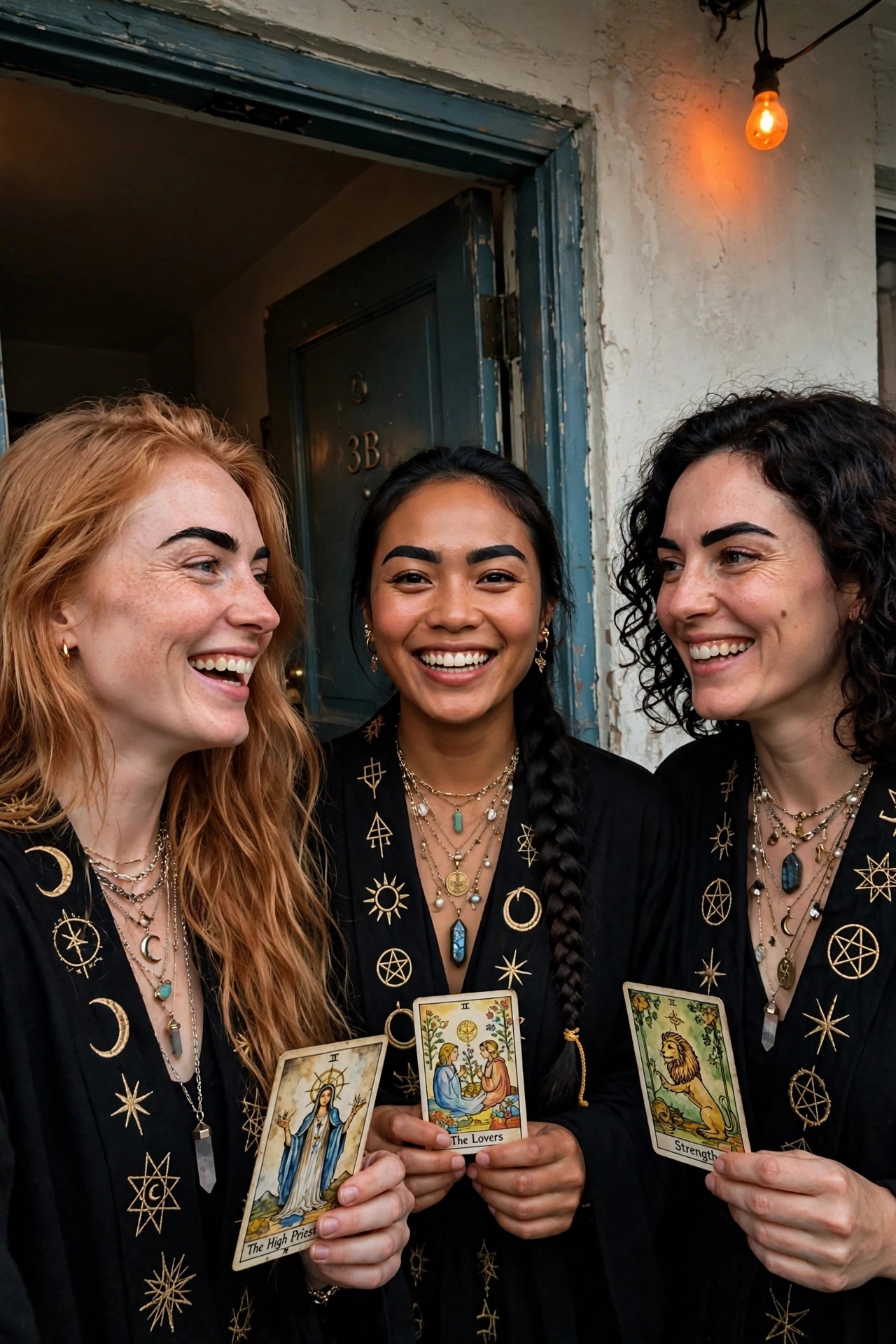 Three women in matching black robes with gold celestial symbols hold Tarot cards labeled The High Priestess, The Lovers, and Strength.
