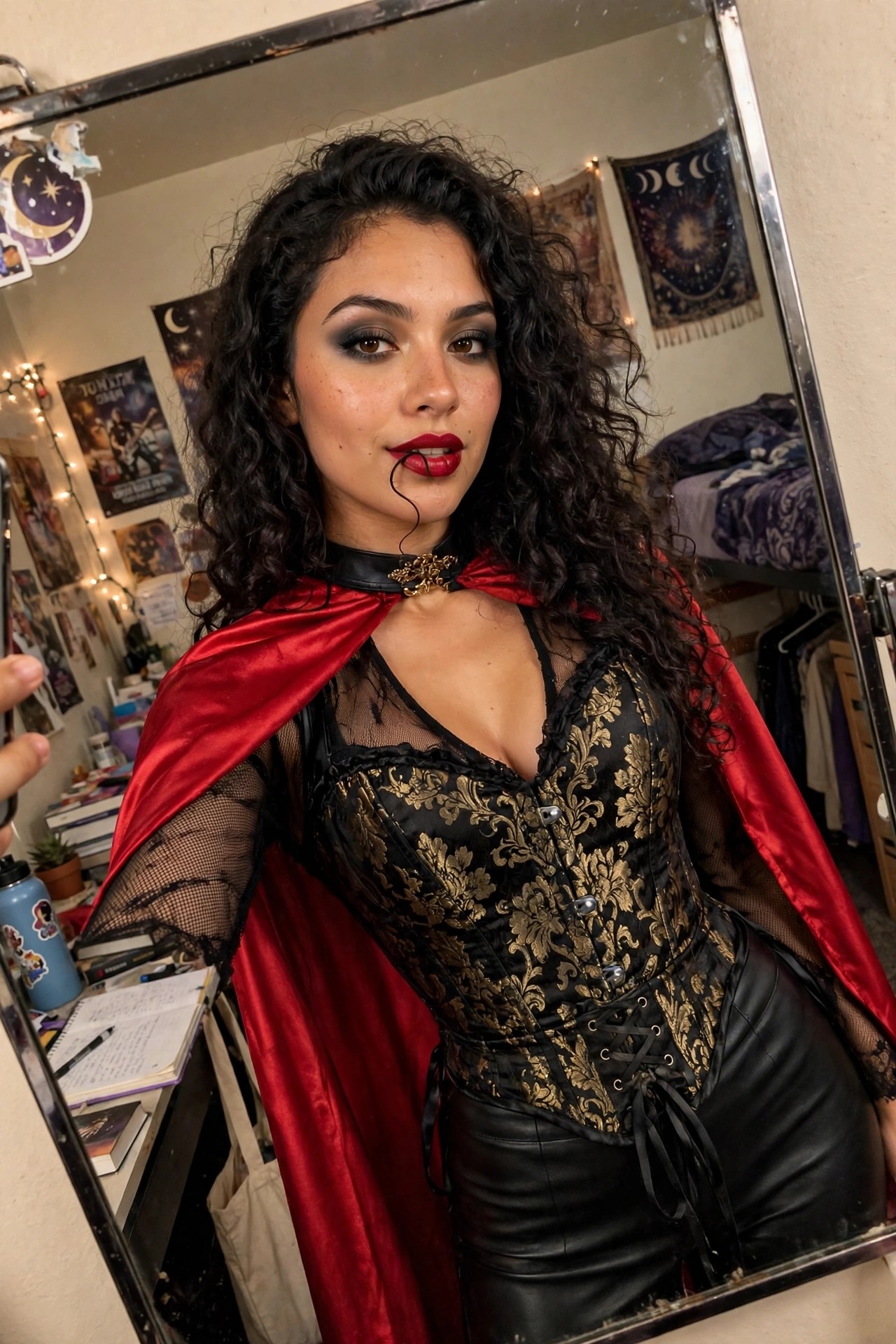 Woman wearing a red satin cape over a black and gold corset with mesh sleeves and black leather pants, styled as a vampire with dark curly hair and red lipstick with a blood drip effect.