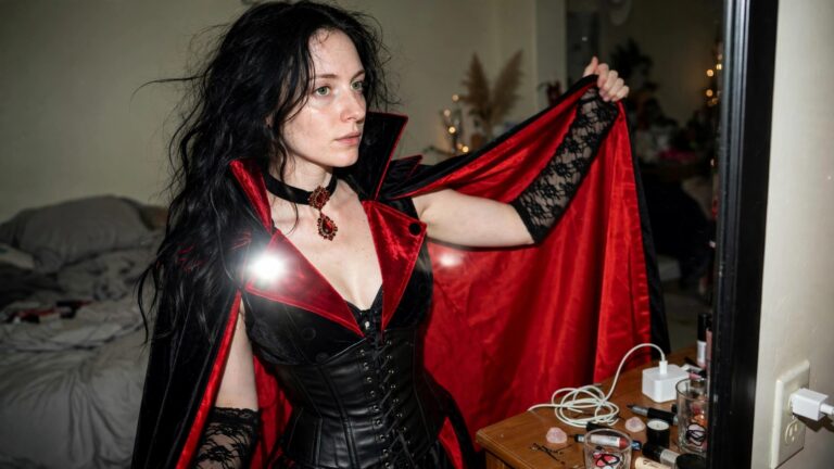 21 Bold Vampire Halloween Outfits for Women Who Want to Stand Out Woman wearing a black vampire cape with bright red velvet lining, high collar, black corset top, red gem choker, and lace gloves in a mirror selfie.