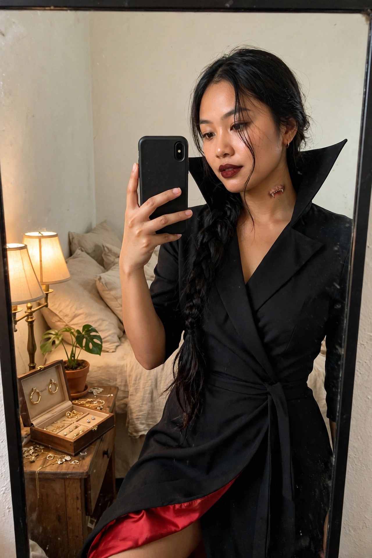 Woman in black wrap dress with high pointed collar and red satin lining holding a phone for a mirror selfie, vampire fangs visible on neck.