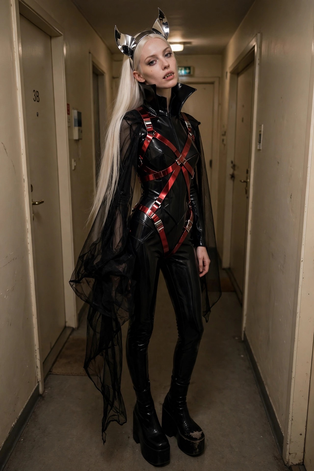 Woman wearing a glossy black catsuit with red harness straps, high collar, sheer black sleeves, metallic horns, and platform boots in a hallway.